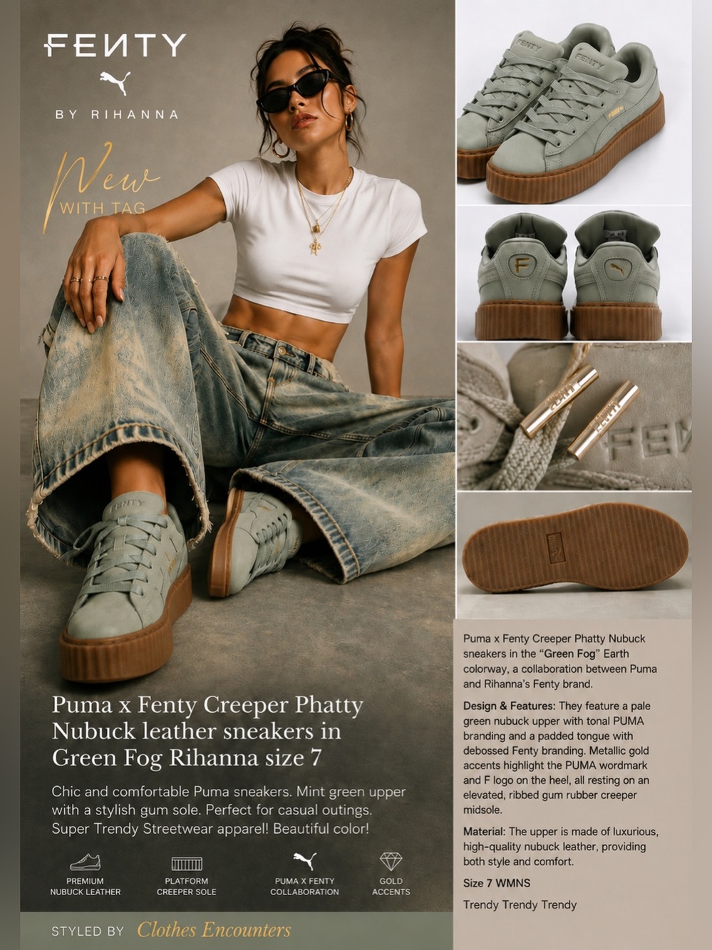 Puma x Fenty Creeper Phatty Nubuck leather sneakers in Green Fog Rihanna size 7